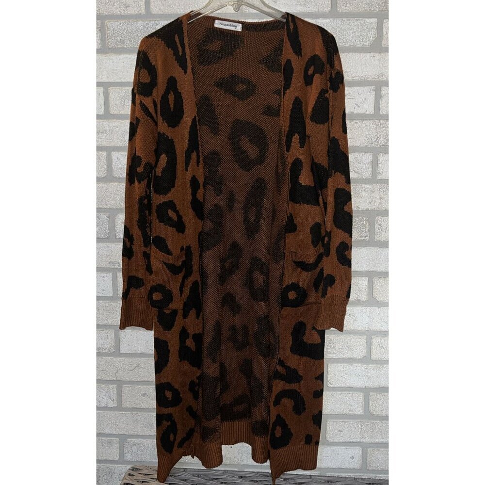 Women's Animal Print Long Duster Cardigan Size Small Leopard Pockets Comfy